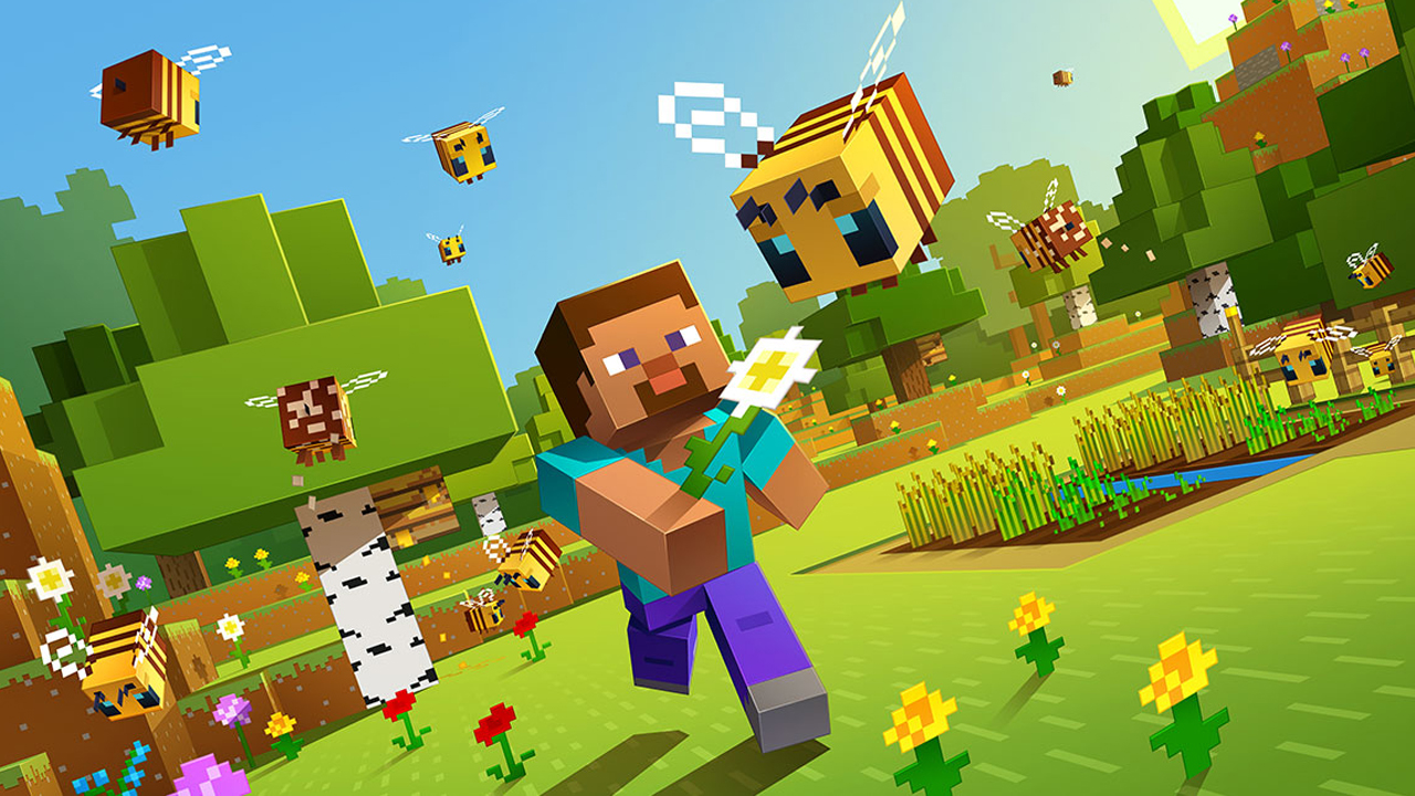 Ilustração de Minecraft mostrando o personagem principal segurando uma flor para uma abelha em um campo verdejante e quadrado