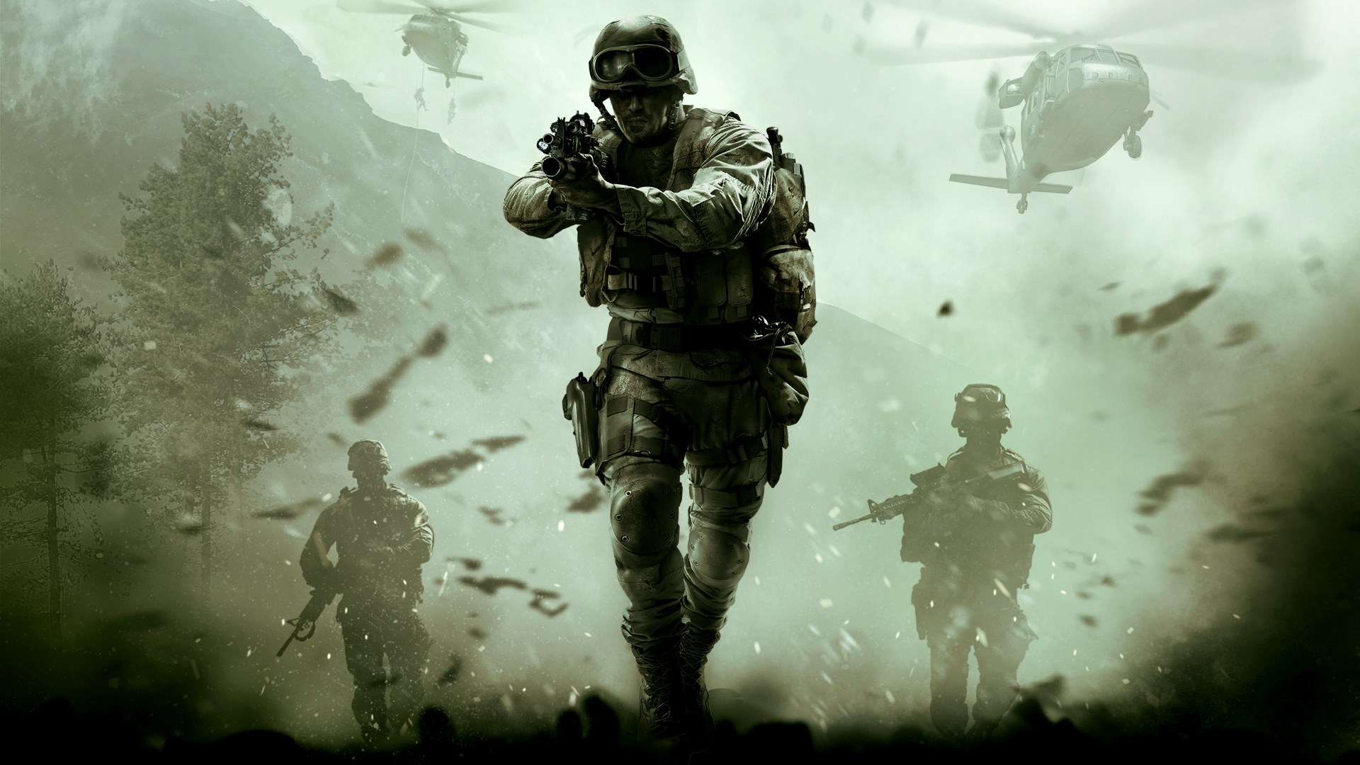 Ilustração de Call of Duty mostrando soldados com fuzis e helicópteros