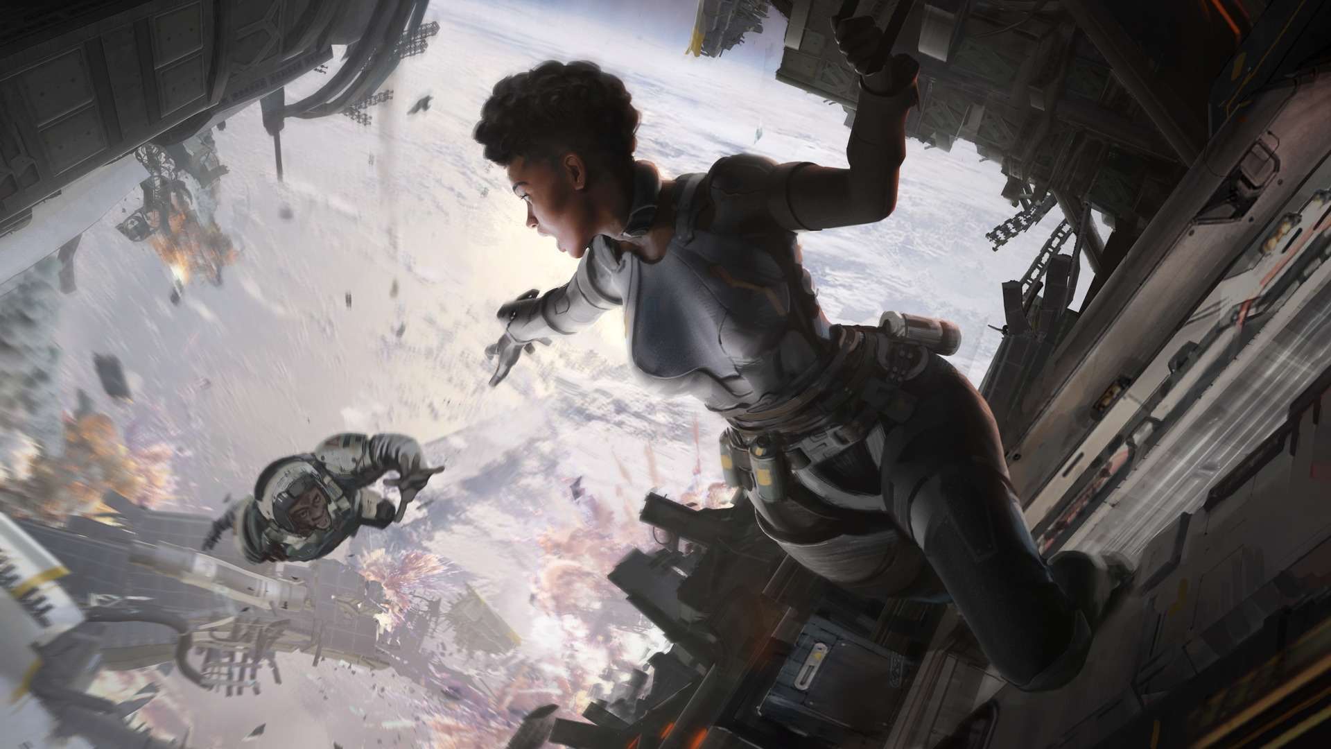 Ilustração de Apex Legends mostrando um personagem caindo de uma nave espacial, com outra estendendo a mão para tentar segurá-lo