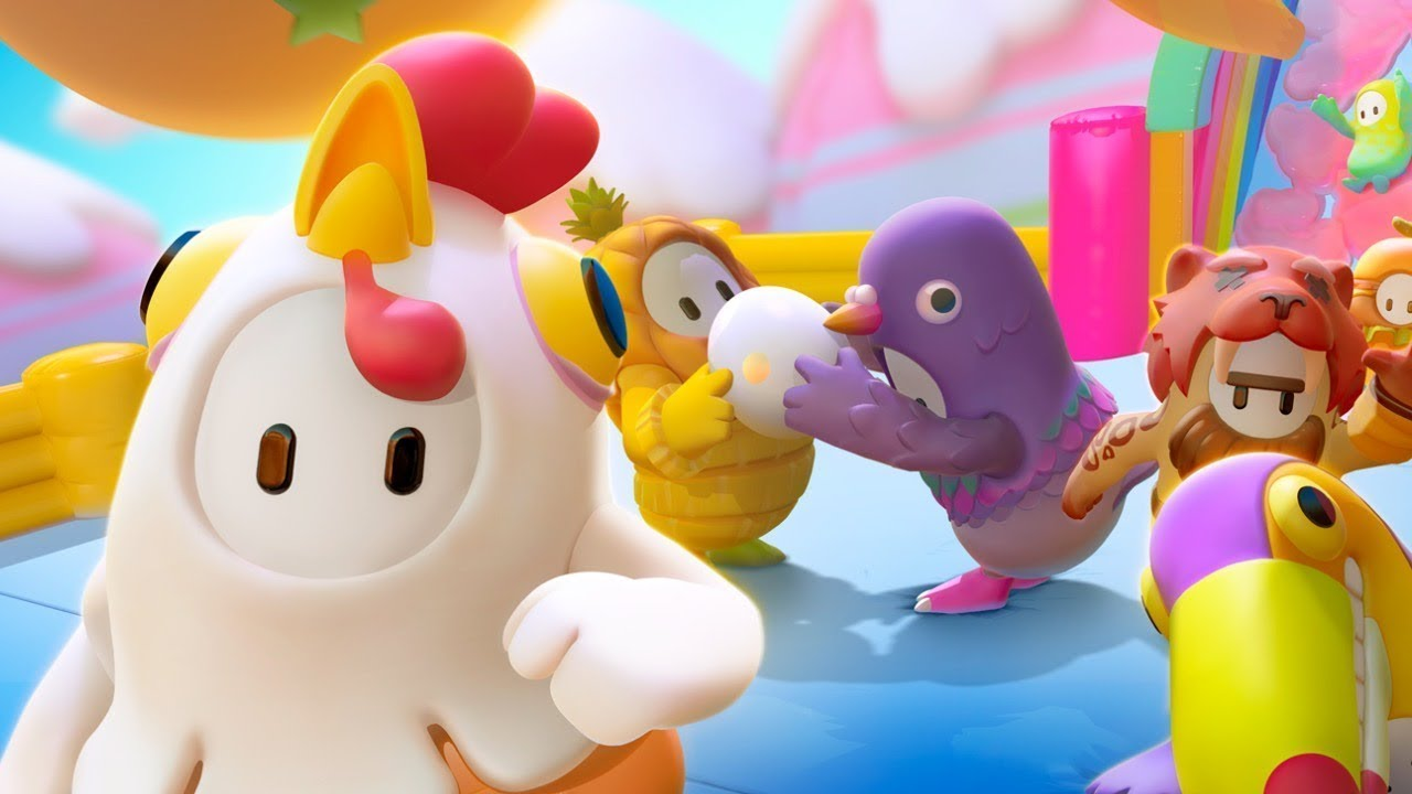 Ilustração do jogo Fall Guys mostranso seus personagens em diversas roupas e um cenário super colorido