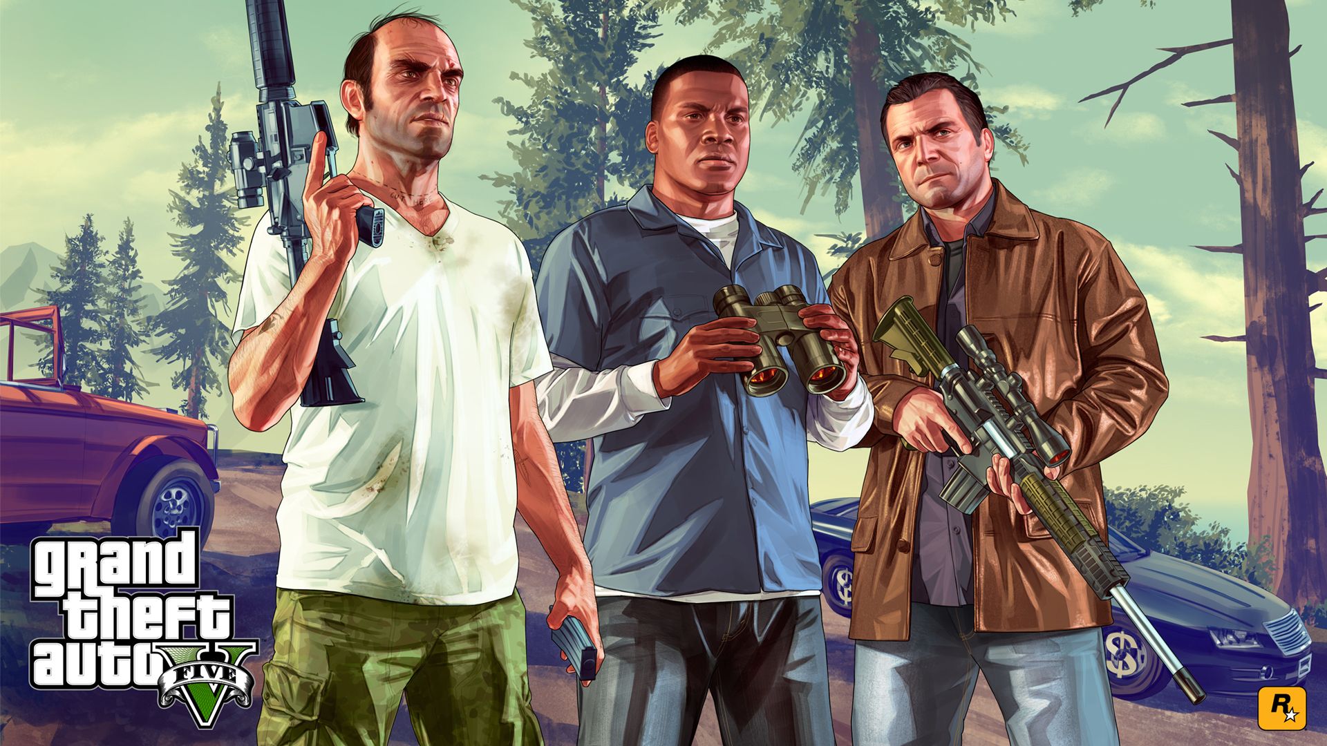 Ilustração de GTA V com os três protagonistas armados. Sua versão online é um dos jogos multiplayer mais lucrativos da história
