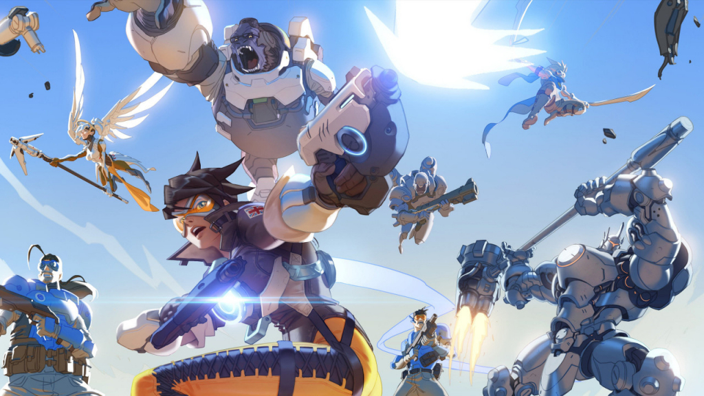 Animação do jogo Overwatch, mostrando seus diversos personagens em combate