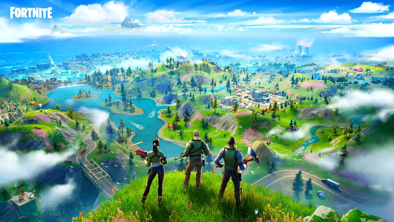 Ilustração de Fortnite mostrando três personagens observando o campo de batalha