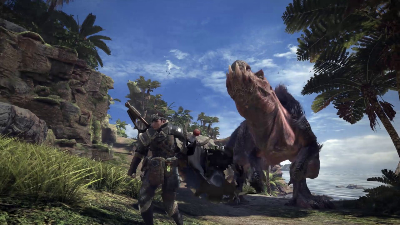 Ilustração de Monster Hunter World, mostrando um caçador do game encarando um monstro parecido com um dinossauro