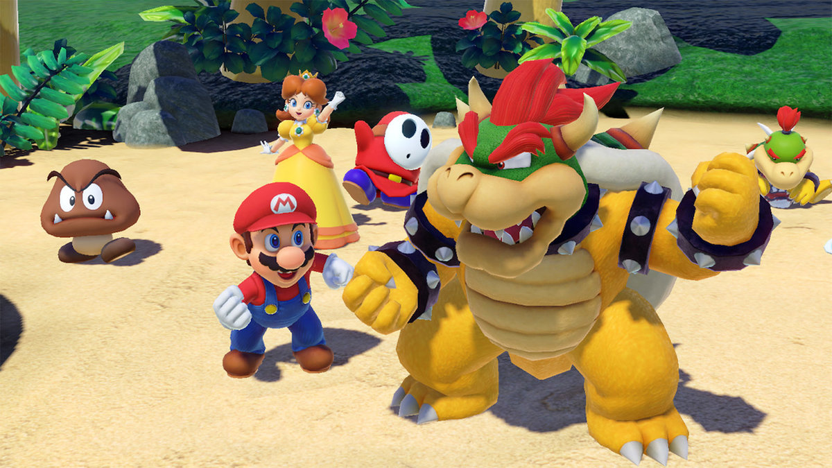 Ilustração de Super Mario Party mostrando o protagonista, antagonista e coadjuvantes festejando em uma praia
