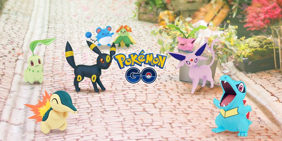 Ilustração de Pokémon Go com a logo no centro e os monstrinhos da franquia em volta