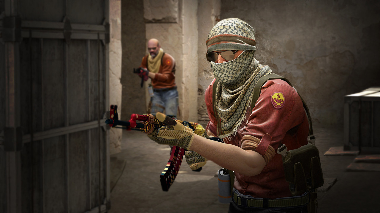 Ilustração de CS:GO com dois personagens armados e de uniforme vermelho