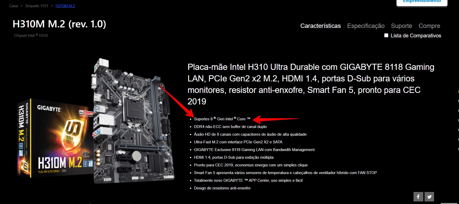 Nas características da placa-mãe acima, podemos ver que ela é compatível apenas com processadores Intel de oitava geração (Fonte: Gigabyte/Divulgação)