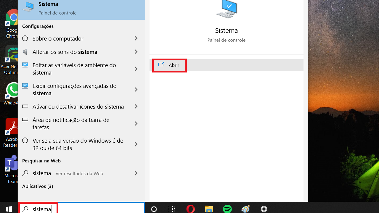 Existem duas formas de acessar o sistema para ver o processador do PC, digitando "sistema" na pesquisa do Windows é o mais rápido (Foto: Bruno Caron).