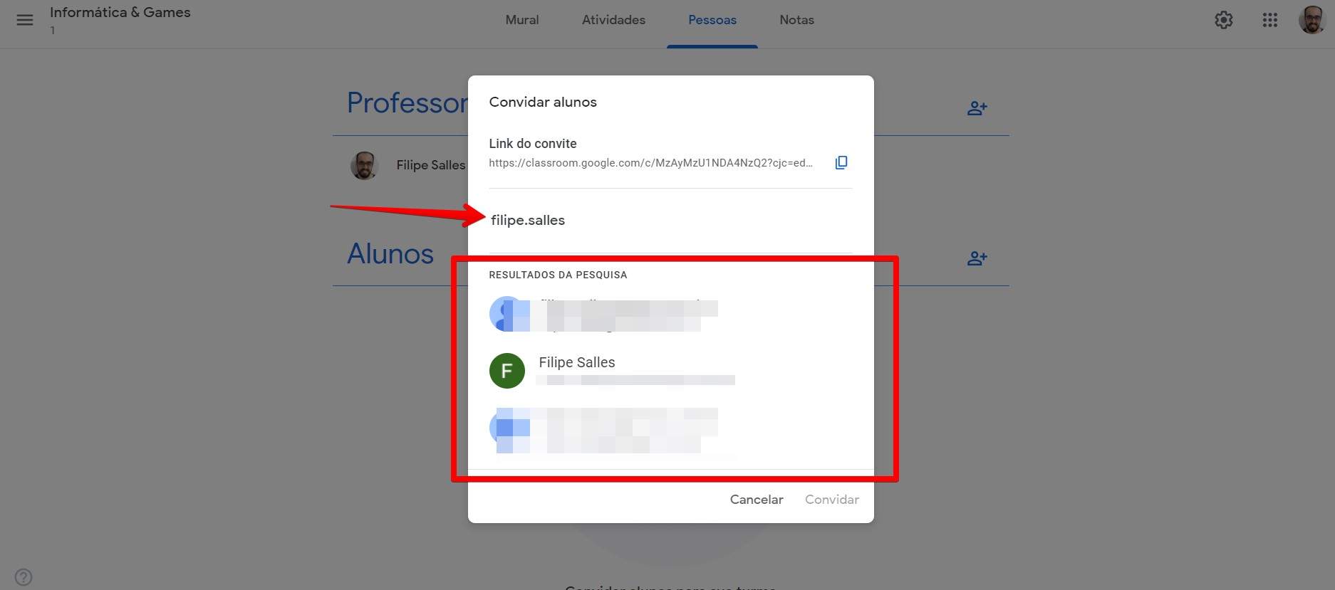 Insira os emails dos alunos para ter como usar o Google Classroom como professor (Fonte: Filipe Salles/Reprodução)