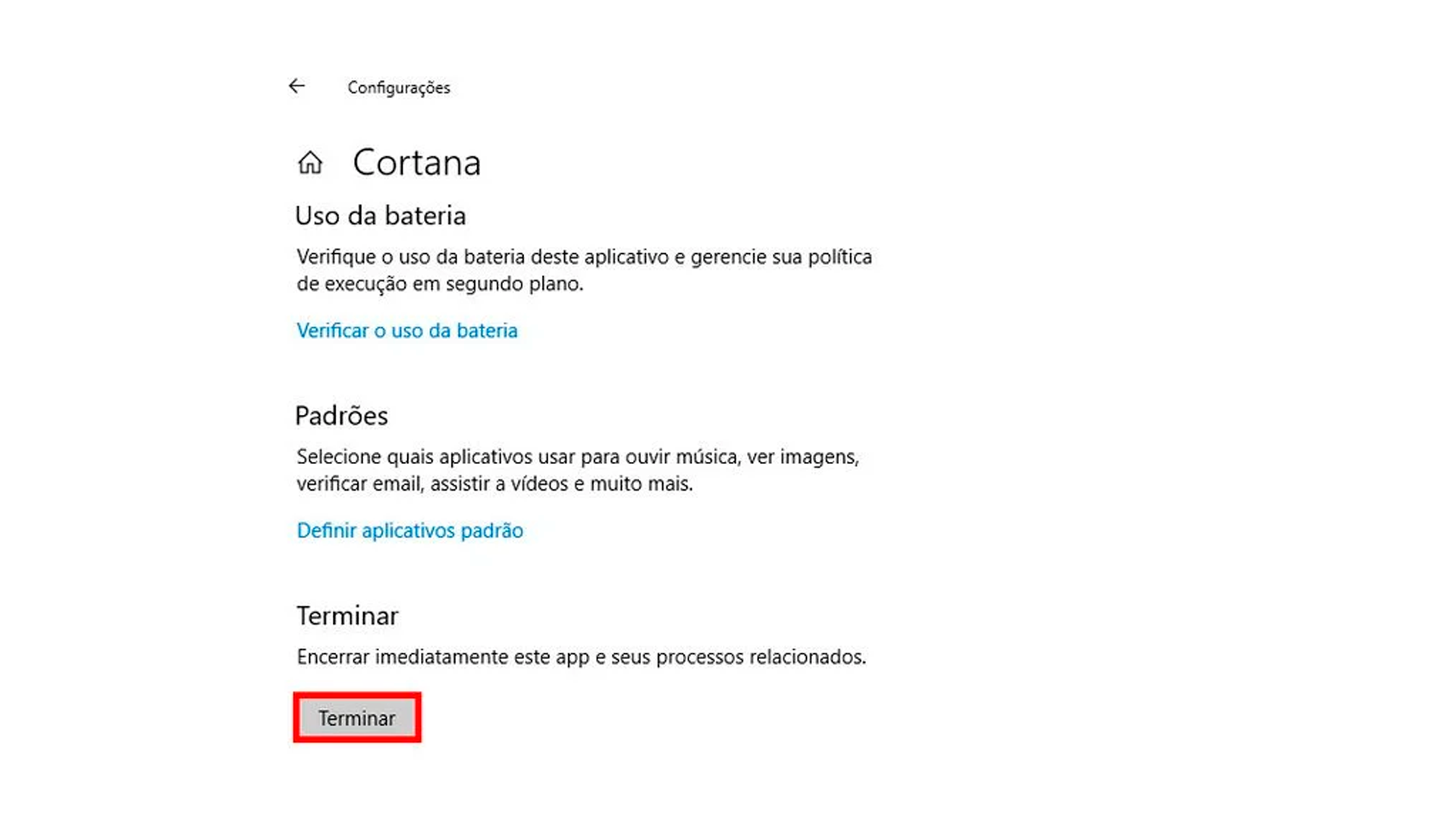 Selecione a opção em destaque para desativar Cortana (Foto/Hugo Iwaasa)