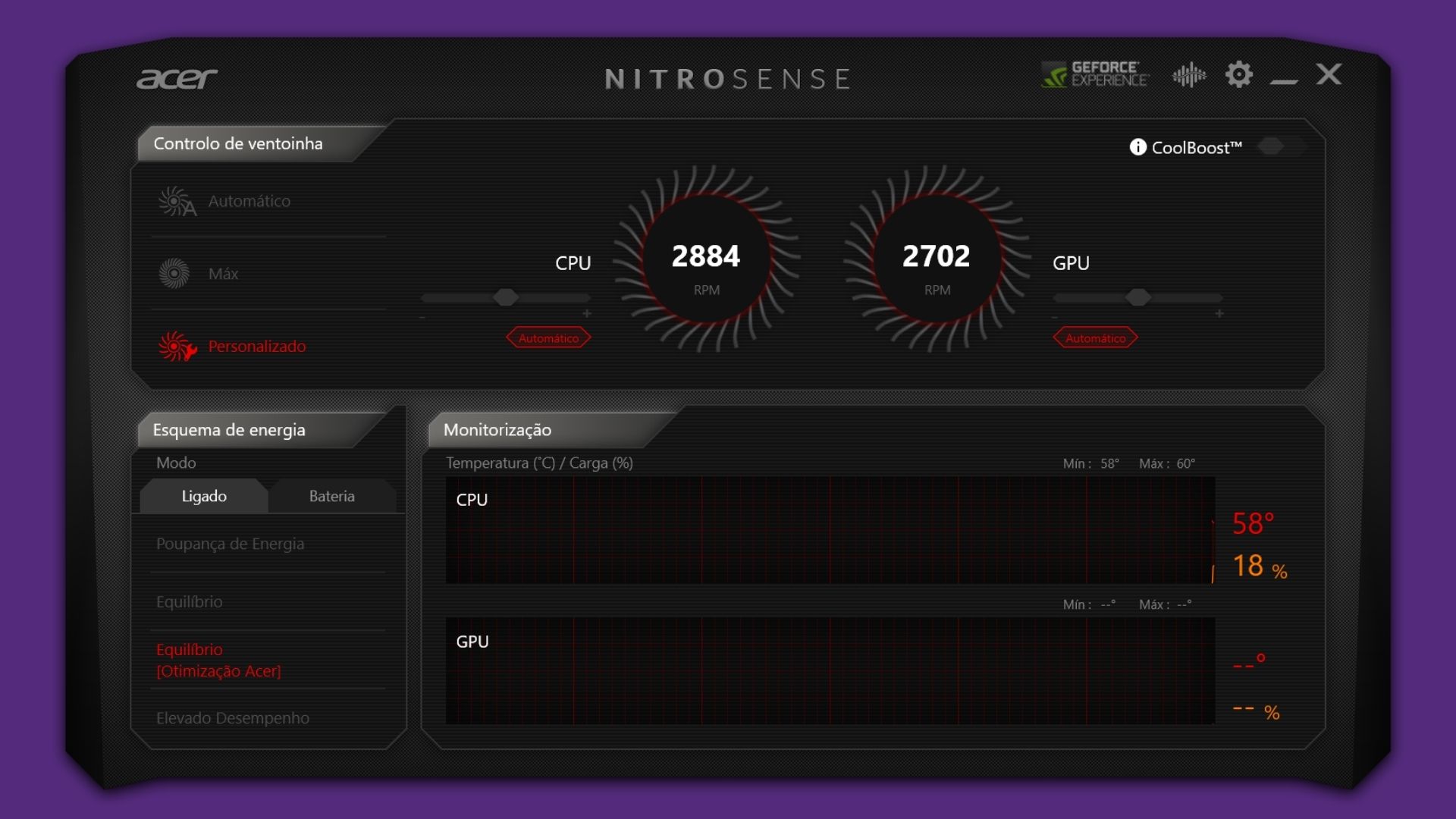 O NitroSense é um software onde o usuário pode ajustar a performance de processador, bateria e placa de vídeo do Acer Aspire Nitro 5 (Reprodução: Guilherme Toscano)