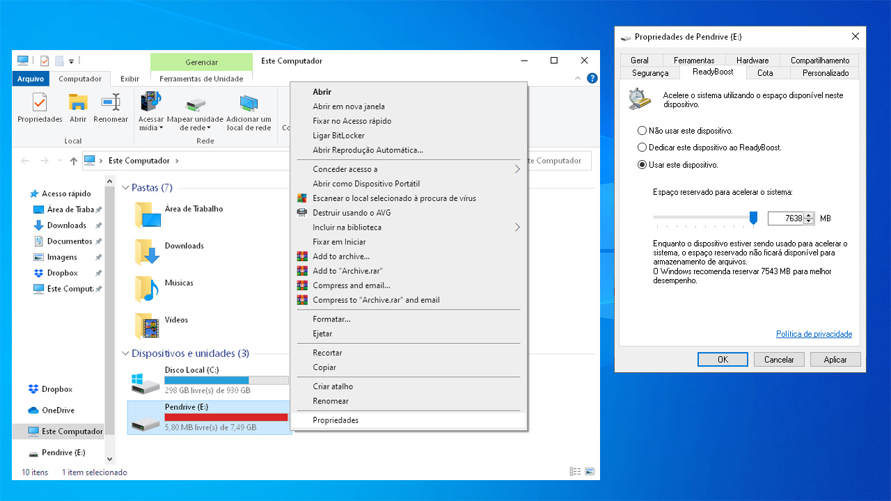 Um pendrive com a função Readyboost pode quebrar um galho para evitar o PC travando do nada, mas o ideal é instalar mais memória RAM (Reprodução: Redação Zoom)