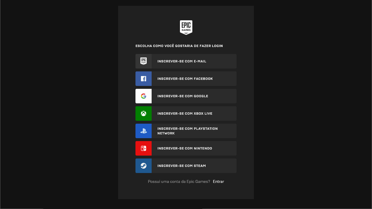 Crie uma nova conta na Epic Games Store ou entre com a sua conta já criada da loja ou de Fortnite (Reprodução: Redação Zoom)