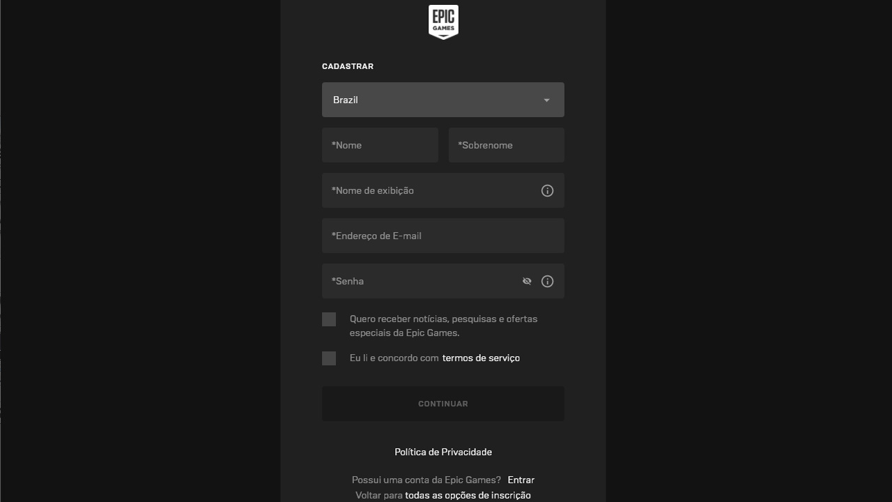 Caso deseje criar uma conta na Epic Games Store lembre-se de fornecer um e-mail válido e um nome de exibição adequado (Reprodução: Redação Zoom)