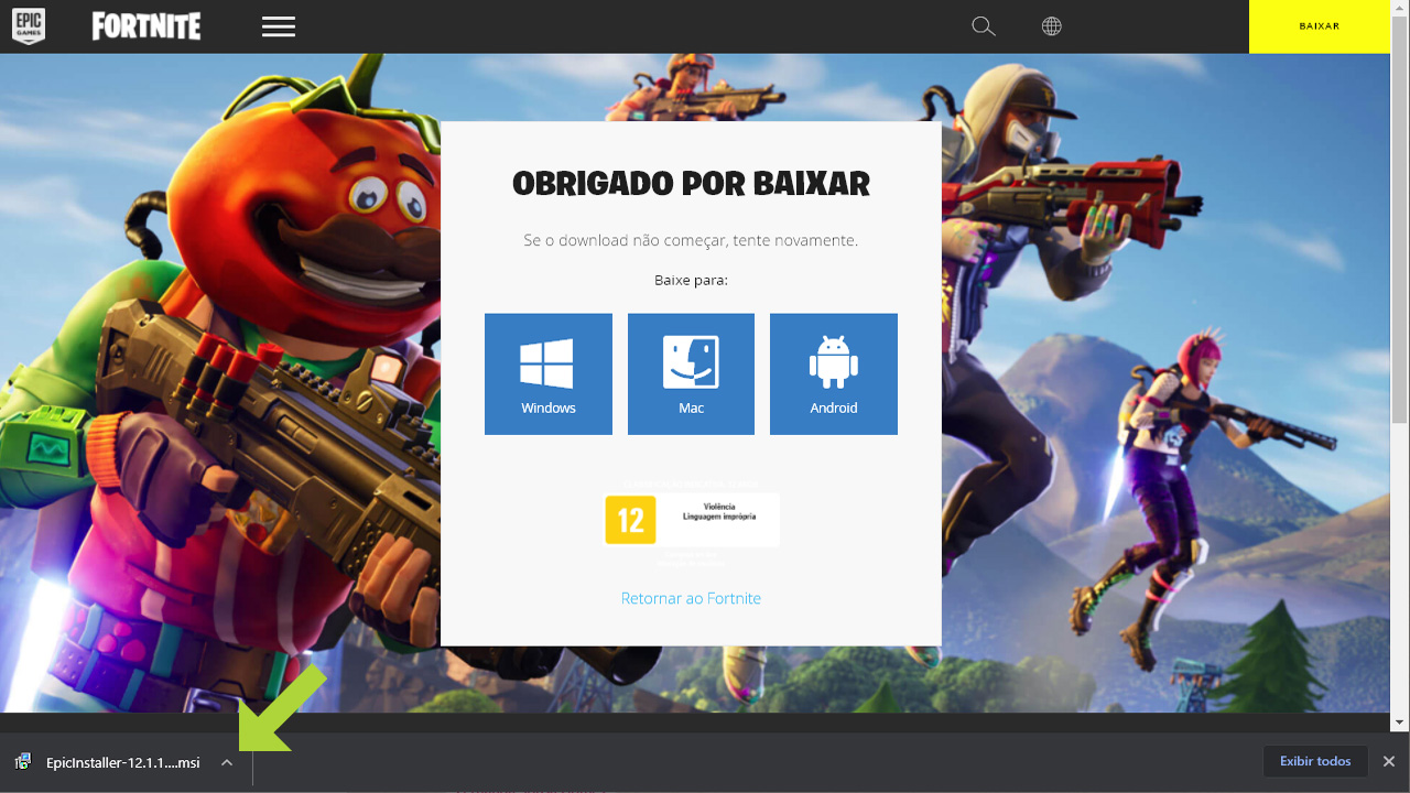 Após o site fazer download do instalador da Epic Games Store clique nele para continuar no processo de como instalar Fortnite no PC (Reprodução: Redação Zoom)