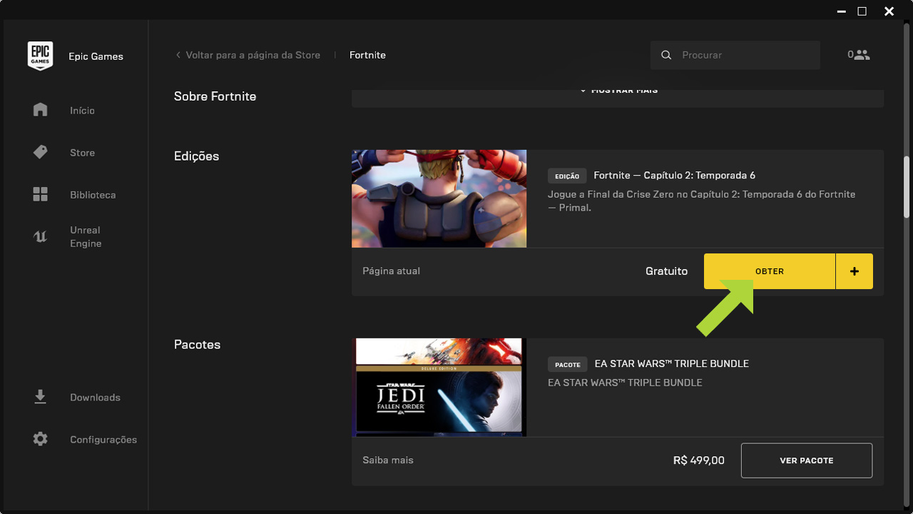 Clique em "Obter" para adquirir o jogo em sua conta da Epic Games e ter como instalar Fortnite no PC (Reprodução: Redação Zoom)