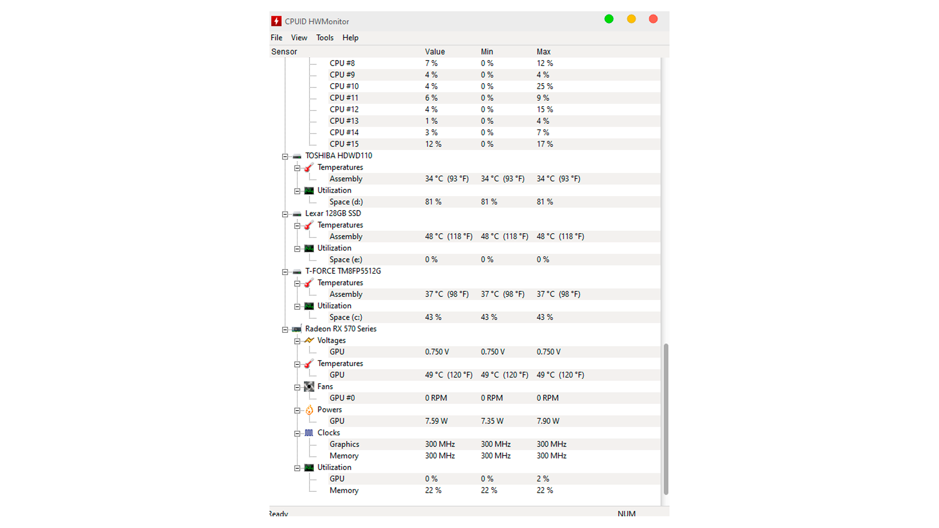 Interface do HWMonitor (Foto/Hugo Iwaasa)