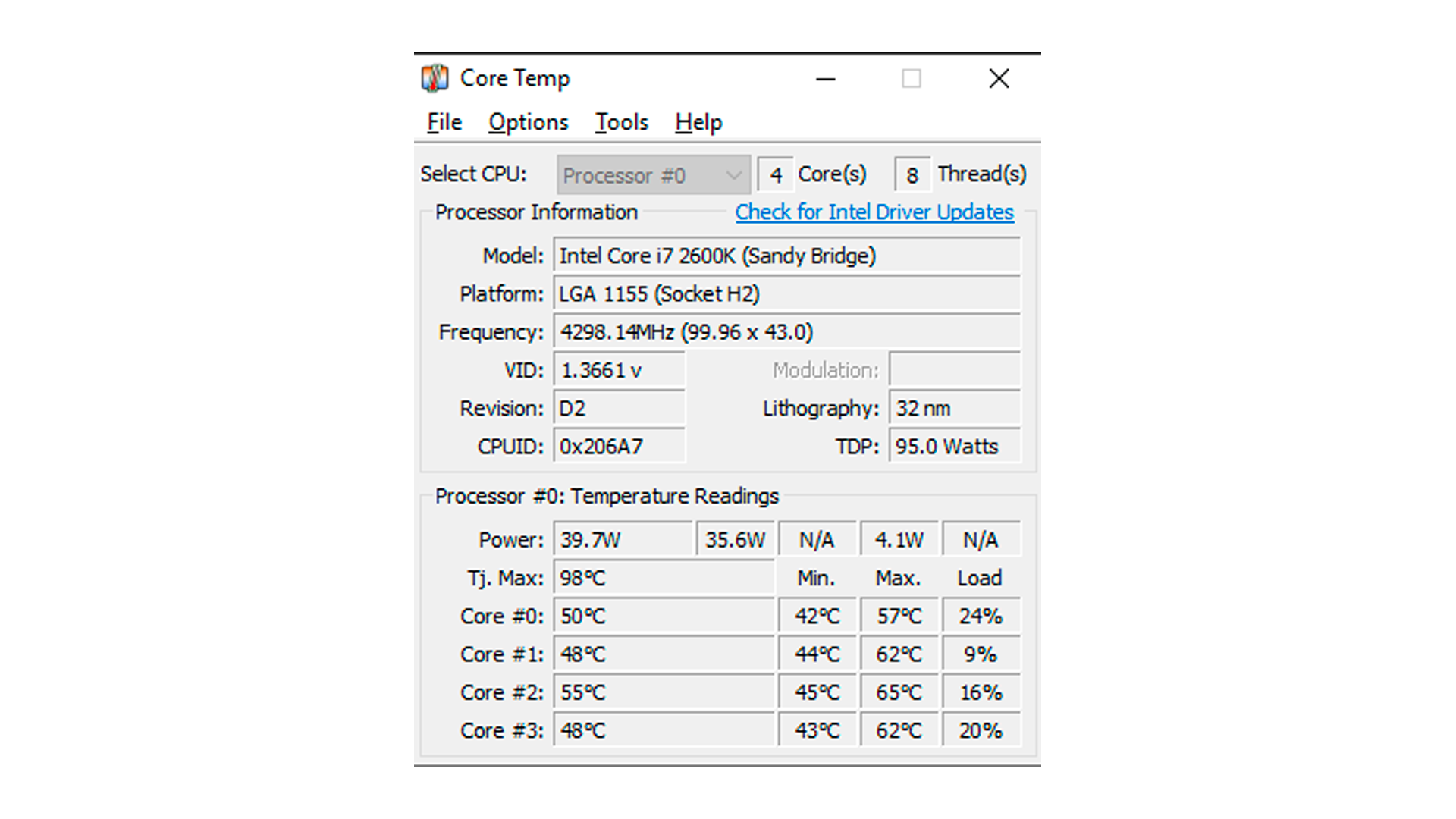 Interface do CoreTemp (Foto: Reprodução/CoreTemp)