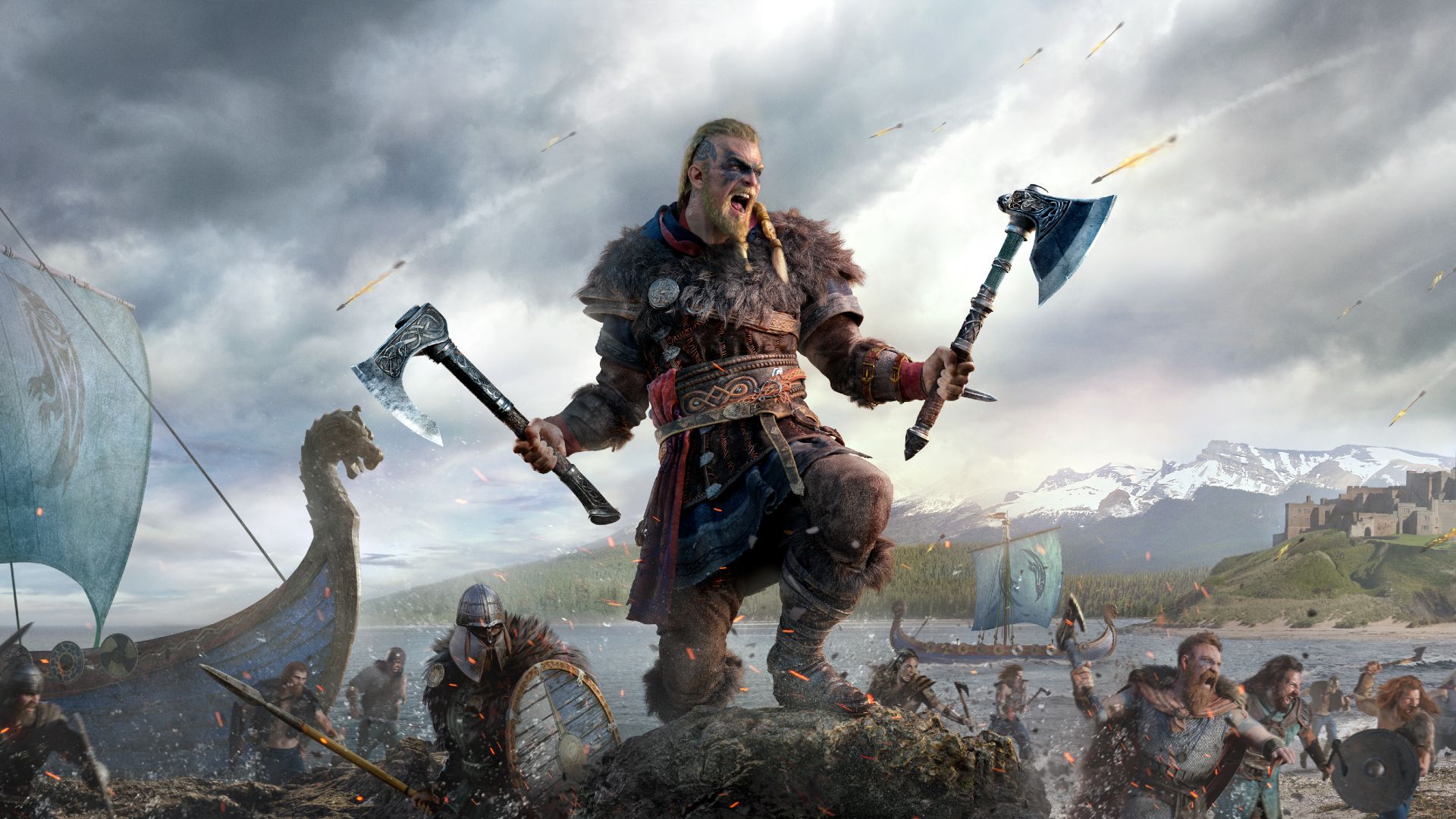 Ilustração de Assassin's Creed Valhalla mostrando versão masculina do protagonista Eivor comandando soldados em uma invasão