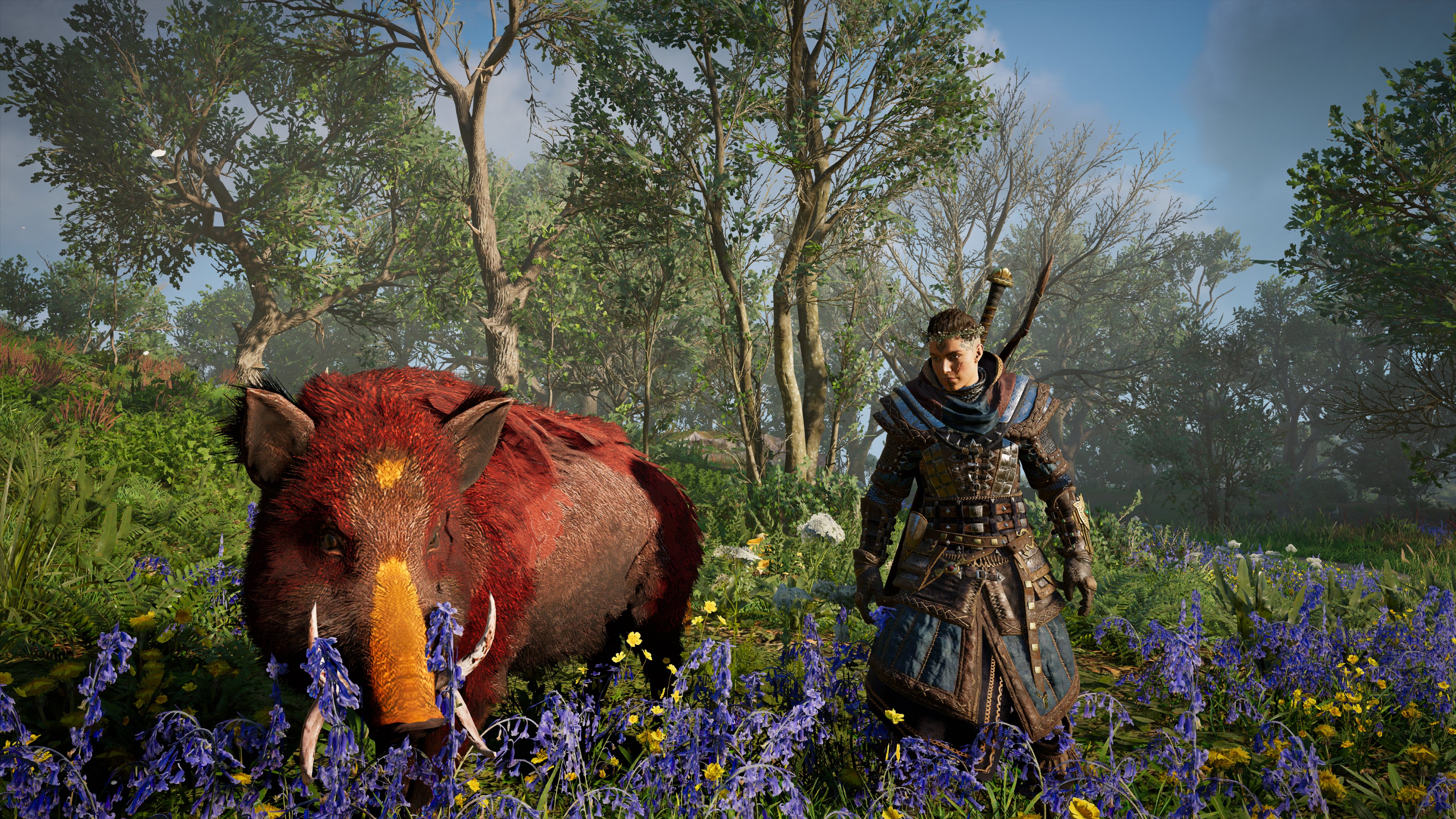 Ilustração de Assassin's Creed Valhalla mostrando personagem em meio a um campo verde sendo acompanhado por um javali grande