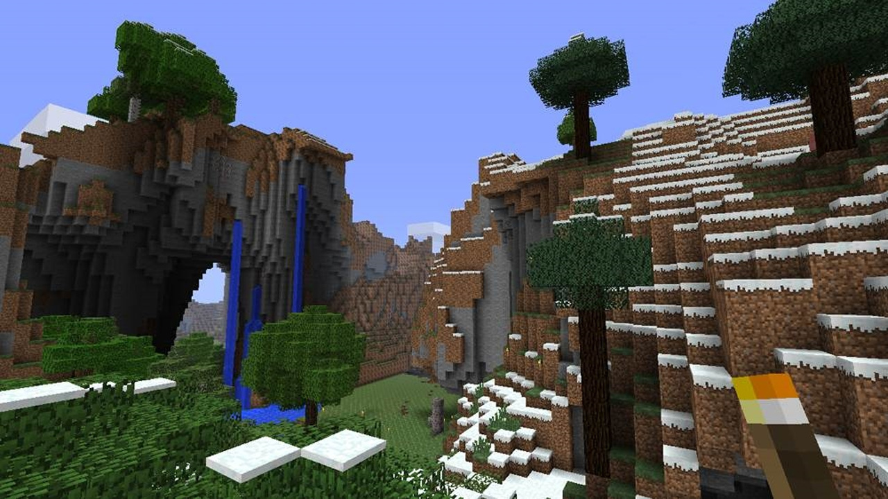Ilustração mostrando montanhas e florestas feitos no Minecraft