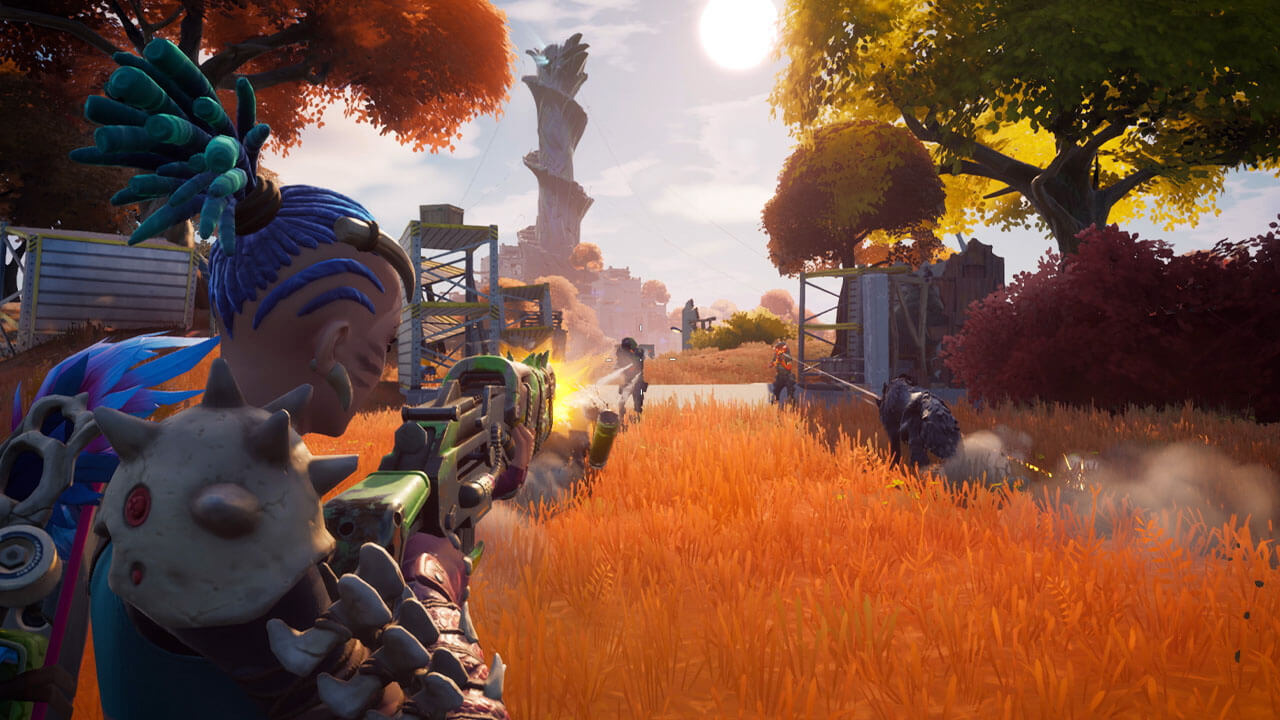 Personagem de Fortnite com armadura de osso e cabelo azul atirando em outros personagens com um fuzil de assalto em meio a um campo de folhas amarelas e um pináculo ao fundo