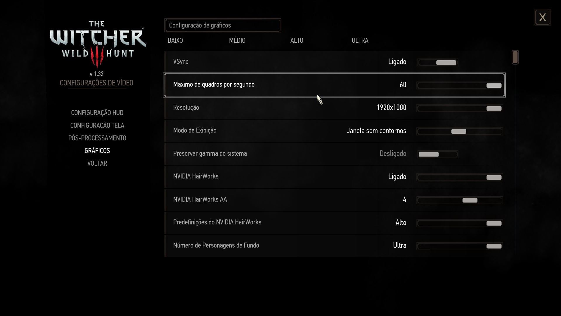 O máximo de FPS nas próprias configurações de The Witcher 3 é 60 (Reprodução: Guilherme Toscano)