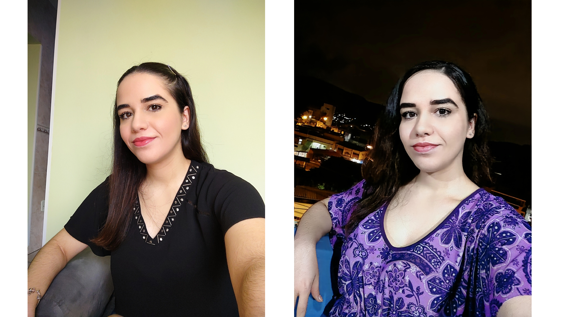 Selfies de uma mulher tiradas de dia e de noite com a câmera frontal do Moto G100