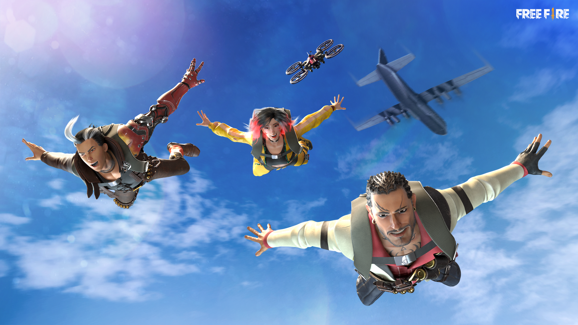 Ilustração de Free Fire com personagens pulando de um avião