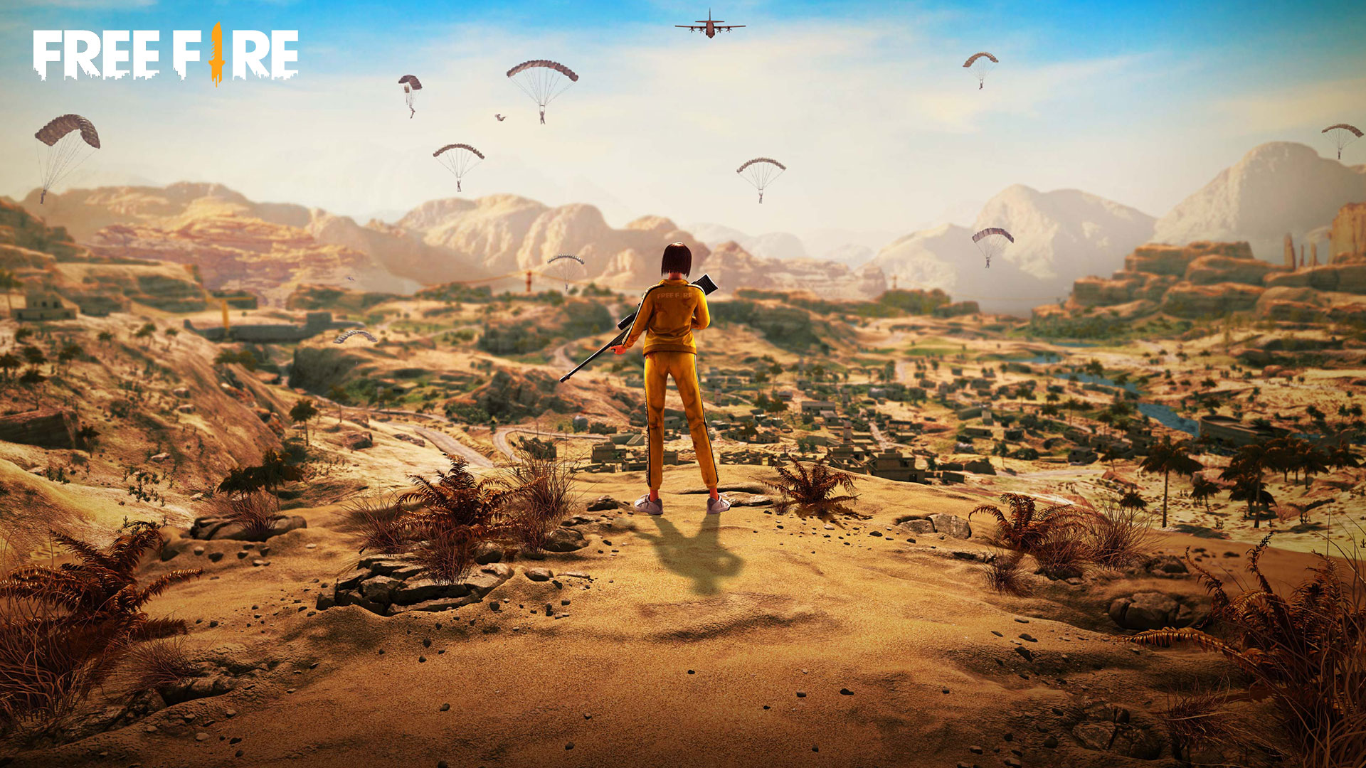 Ilustração de Free FIre mostrando personagem com roupa amarela em deserto vendo vários personagens caindo de paraquedas ao longe