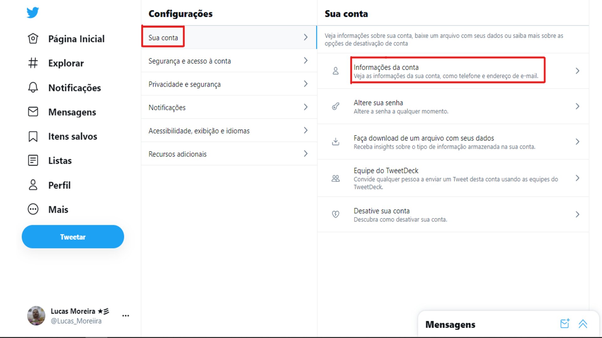 Como mudar o @ do Twitter: acesse Informações da conta em Sua conta. (Foto: Reprodução/Zoom)