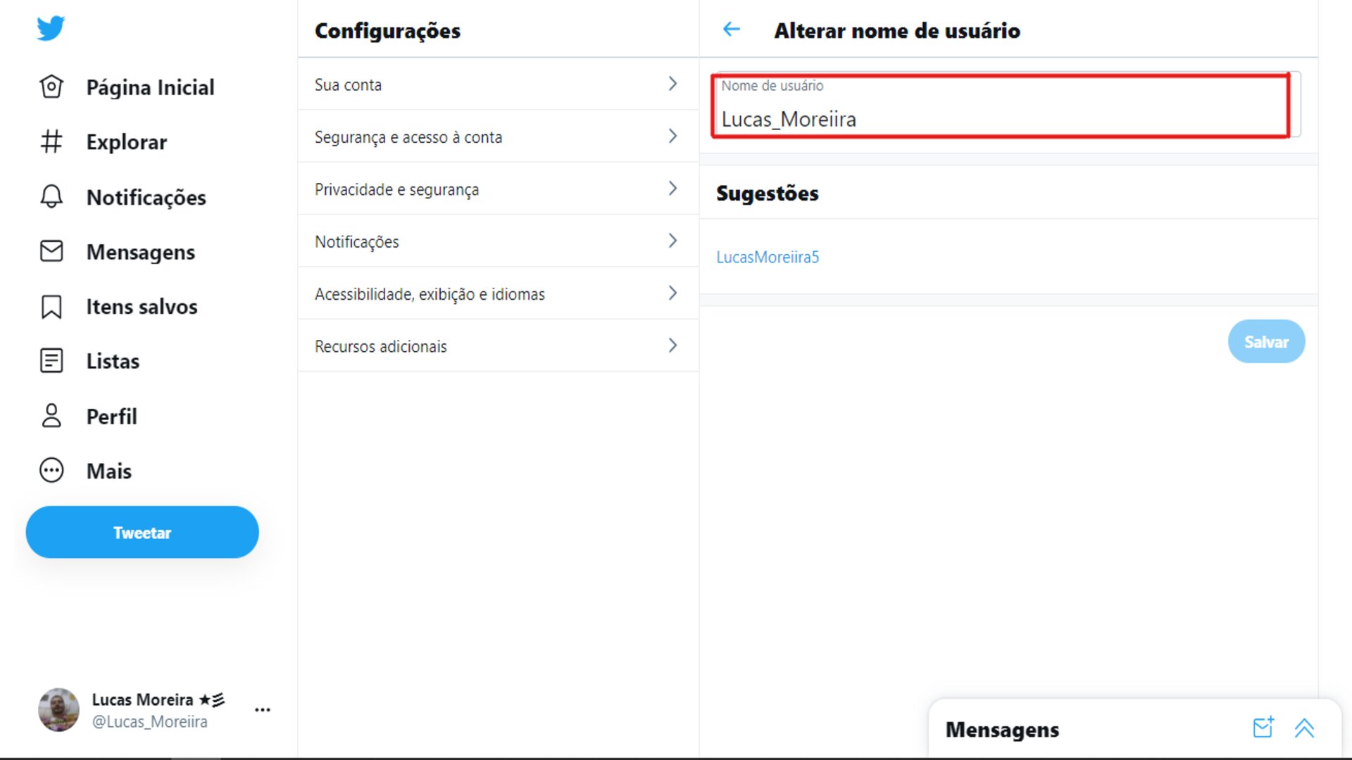 Como mudar o @ do Twitter: escolha um novo @ e clique em Salvar.(Foto: Reprodução/Zoom)