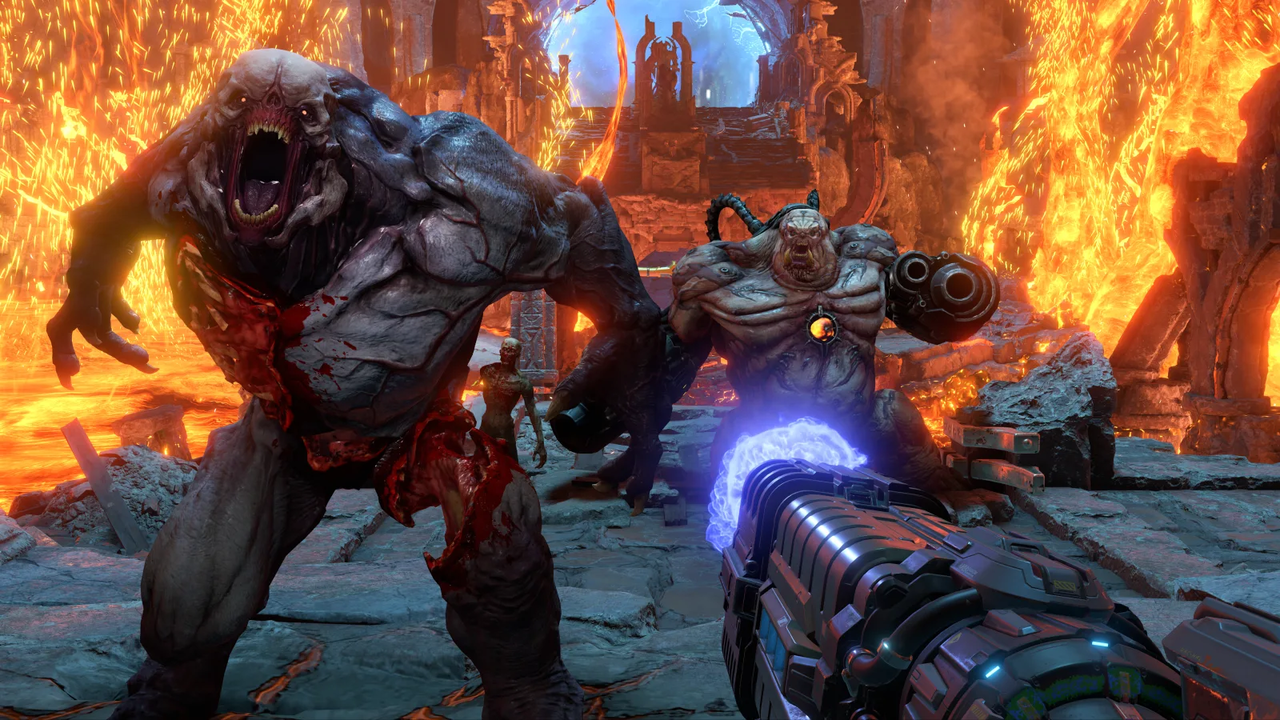 Dois monstros de Doom Eternal atacam jogador