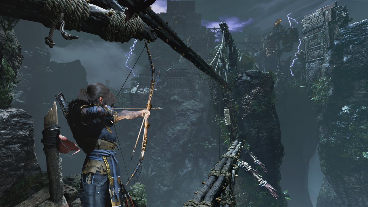 Lara Croft aponta flecha para alvo no meio da floresta