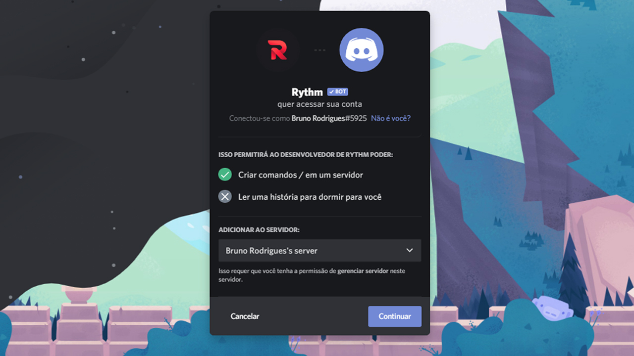 Como colocar bot no Discord: selecionando o servidor. (Foto: Reprodução)