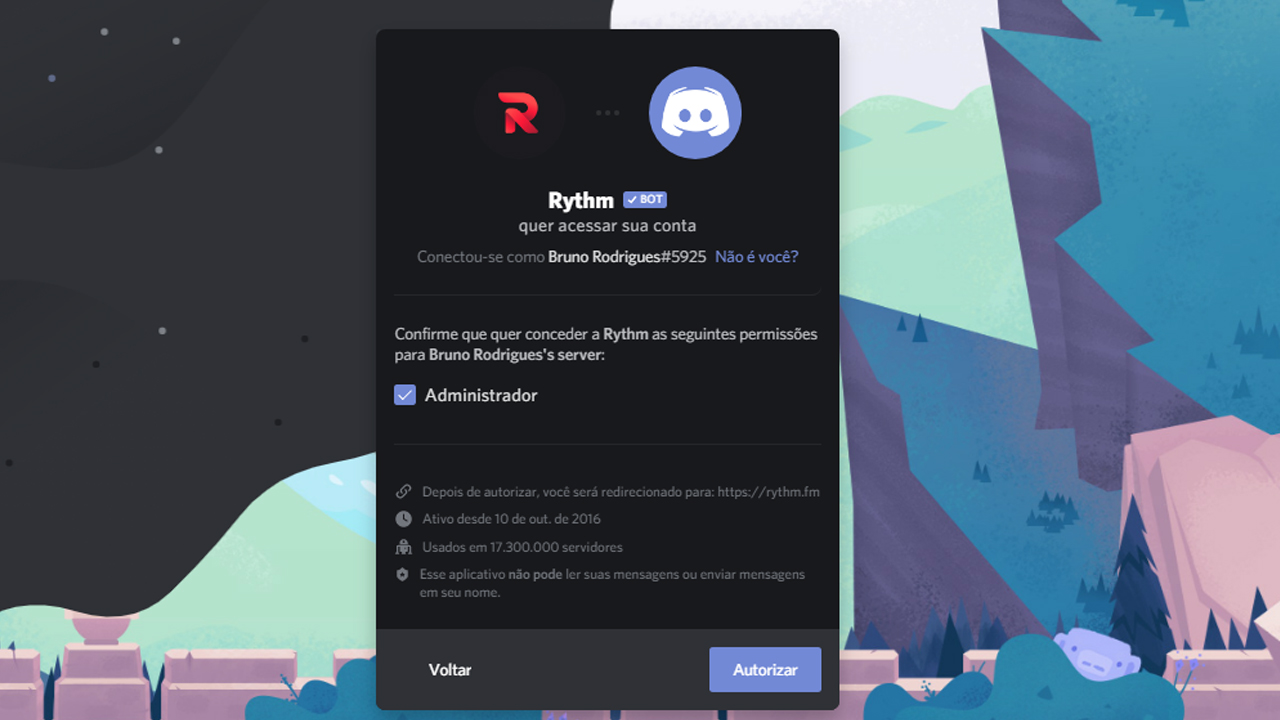 Como colocar bot no Discord: dando a permissão de administrador (Foto: Reprodução)