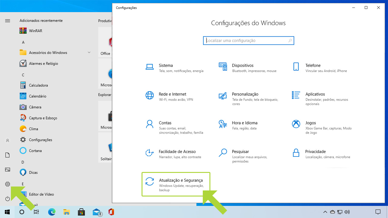 Acesse as configurações do PC através do menu Iniciar e escolha "Atualização e Segurança" para chegar ao menu onde terá como desativar Windows Update (Reprodução: Redação Zoom)