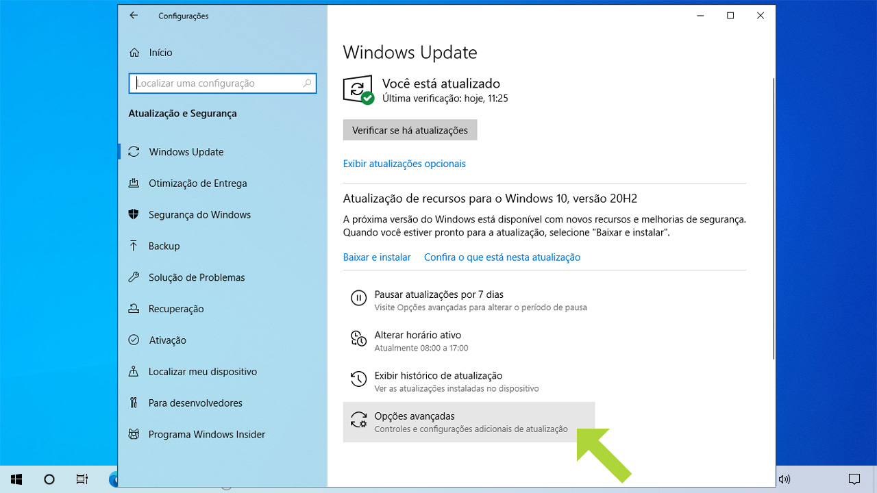 Escolha as opções avançadas para ter como desativar Windows Update por um período de tempo maior que 7 dias (Reprodução: Redação Zoom)