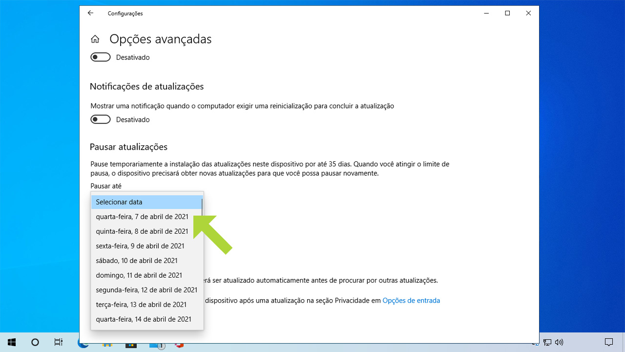 Essa opção permitirá pausar as atualizações temporariamente. Se quiser saber como desativar Windows Update permanentemente, confira os métodos abaixo (Reprodução: Redação Zoom)