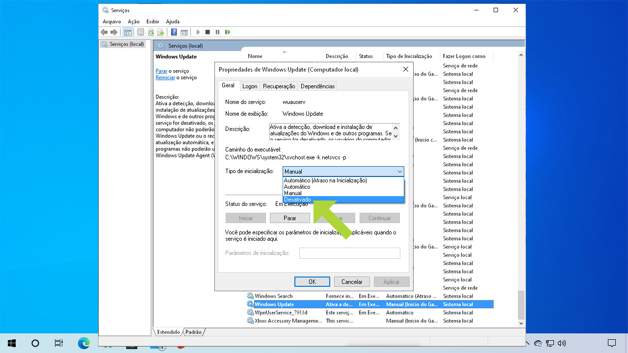 Ao marcar o tipo de inicialização como "Desativado" o serviço não será mais iniciado com o PC. Há ainda mais uma forma como desativar Windows Update logo abaixo (Reprodução: Redação Zoom)