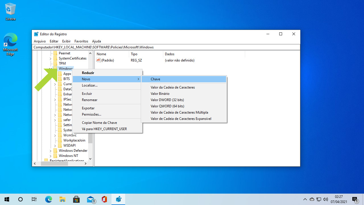 Crie uma nova "Chave" chamada "WindowsUpdate" dentro da pasta Windows para ter como desativar Windows Update (Reprodução: Redação Zoom)