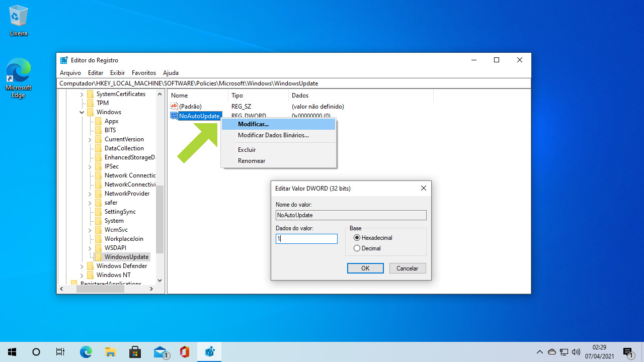 Modifique o valor criado de 0 para 1 e pronto! Seu Windows Update estará desativado no seu PC (Reprodução: Redação Zoom)