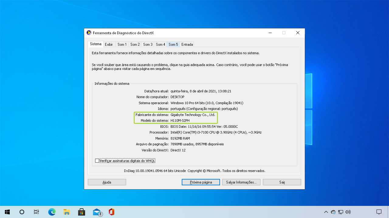 A Ferramenta de Diagnóstico do DirectX também é uma boa opção para como saber o modelo da placa-mãe do seu PC (Reprodução: Redação Zoom)