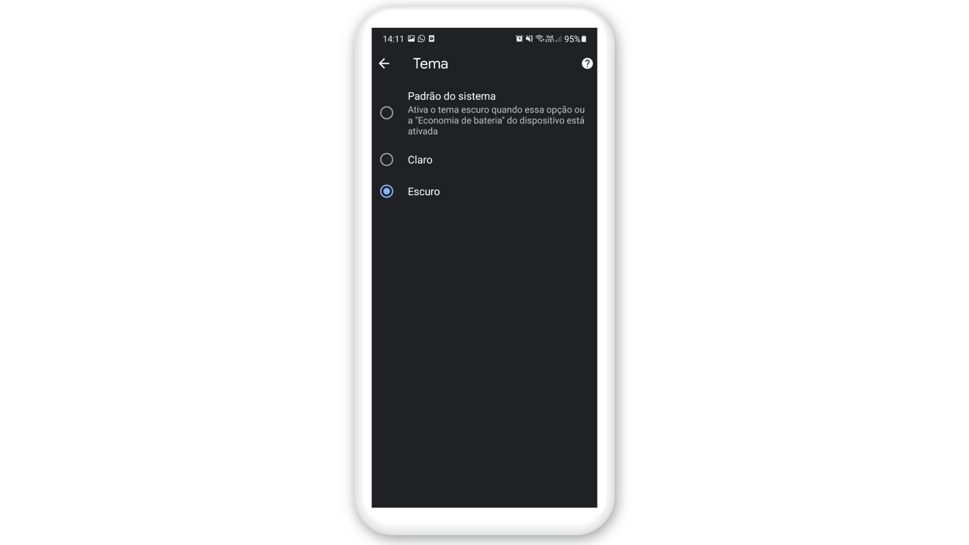 Print de tela mostrando como colocar o Google no modo escuro no Android