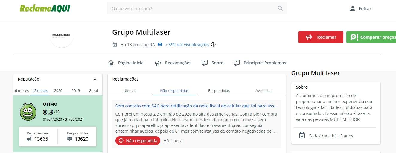 Ainda não sabemos se o notebook Multilaser é bom, mas a empresa possui excelente avaliação no Reclame Aqui (Fonte: Reprodução/Reclame Aqui)