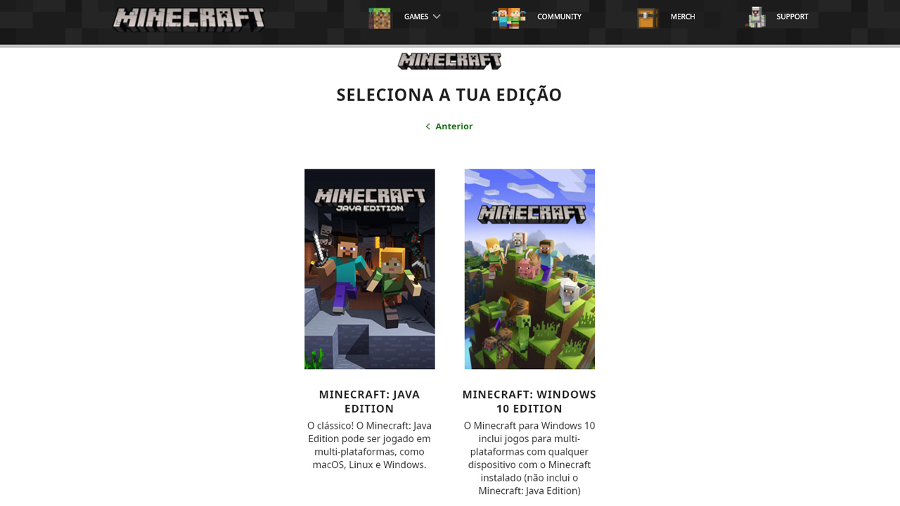 No site oficial de Minecraft é possível escolher entre Minecraft: Java Edition ou a Windows 10 Edition e isso determina como jogar Minecraft com um amigo (Reprodução: Redação Zoom)