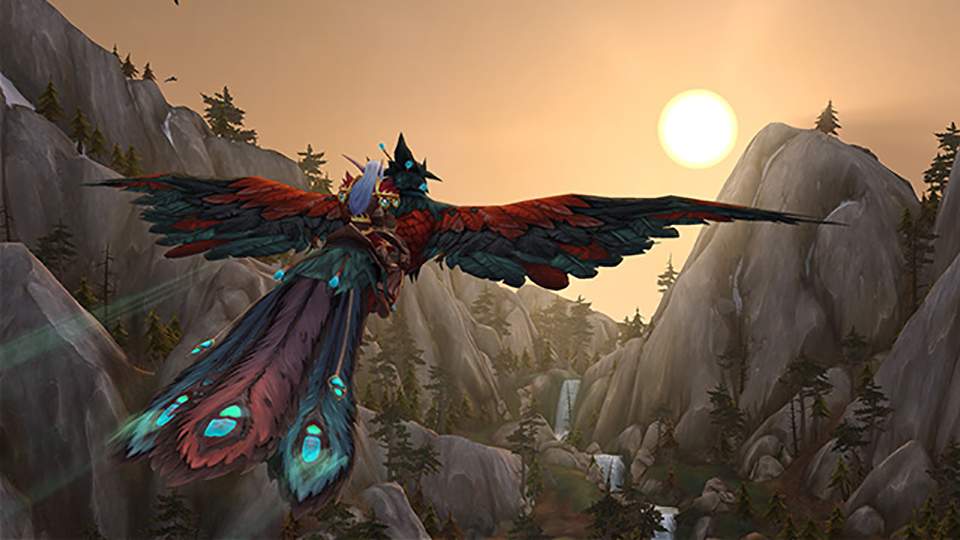 Ilustração de World of Warcraft mostrando personagem voando montado em um pássaro vermelho gigante