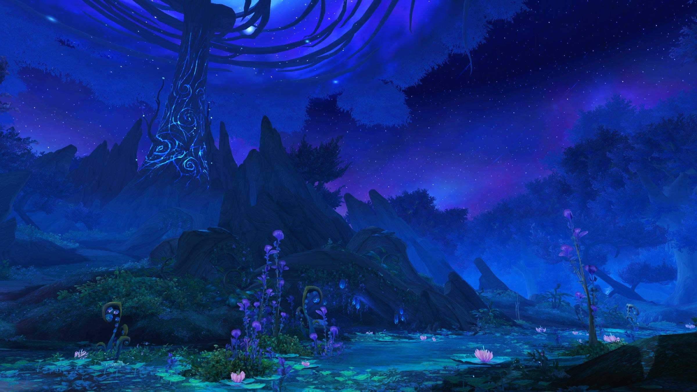 Cenário escurecido de World of Warcraft, mostrando uma região com florestas e montanhas, com uma torre emitindo magia ao fundo