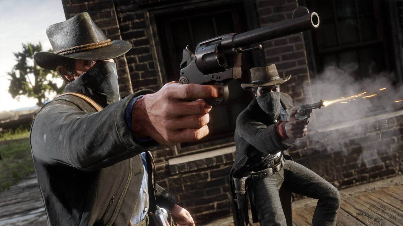 Dois fora-da-lei atiram em alguém que não aparece na imagem em uma cena de Red Dead Redemption 2